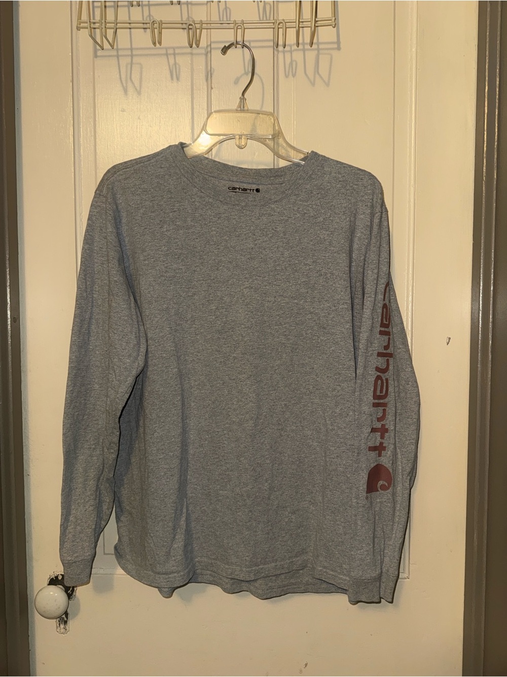 Carhartt Long-Sleeve Crewneck Shirt – Heather Gray with Maroon Sleeve Logo